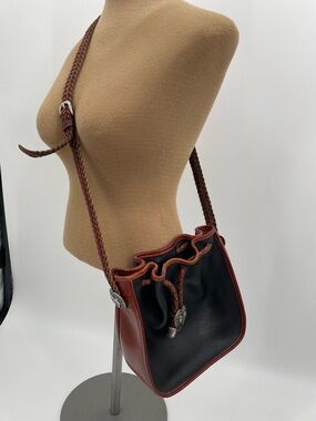 Vintage Brighton Leather Bucket Bag Black Brown Braided Strap Boho